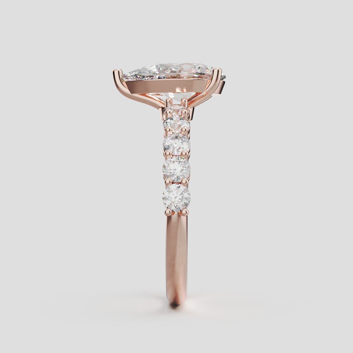 Stilla, 1.5ct pear lab grown diamond engagement ring, 2.5mm Side Stones, 18K rose gold - side view