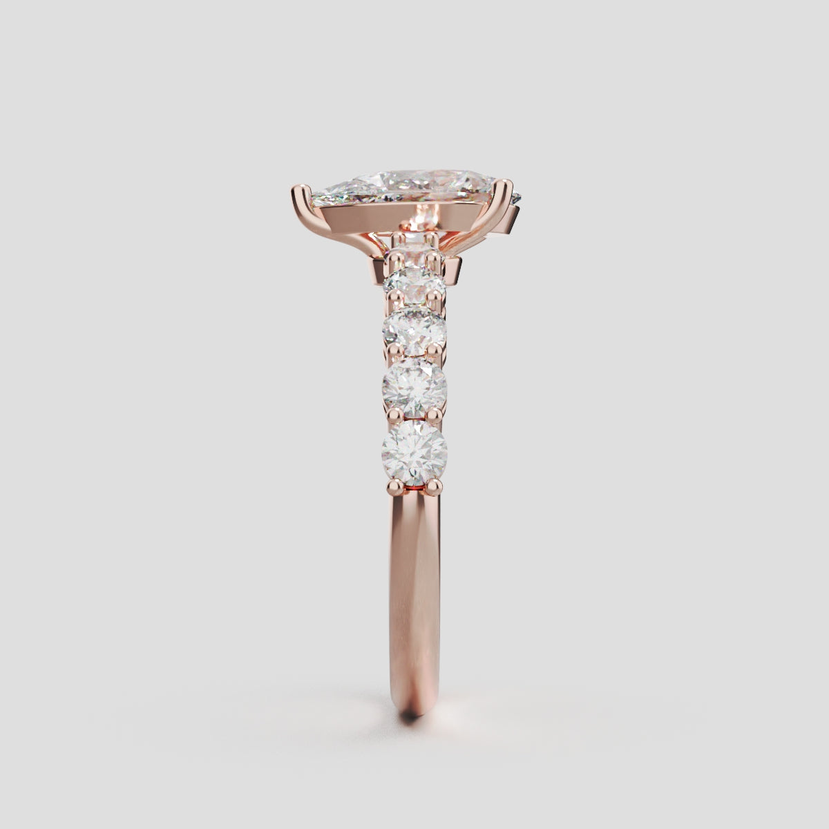 Stilla, 1ct pear lab grown diamond engagement ring, 2.5mm Side Stones, 18K rose gold - side view