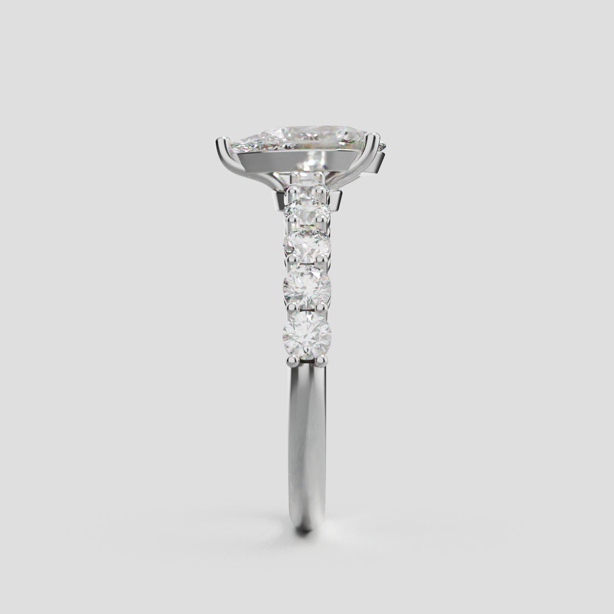 Stilla, 1ct pear lab grown diamond engagement ring, 2.5mm Side Stones, 18K white gold - side view