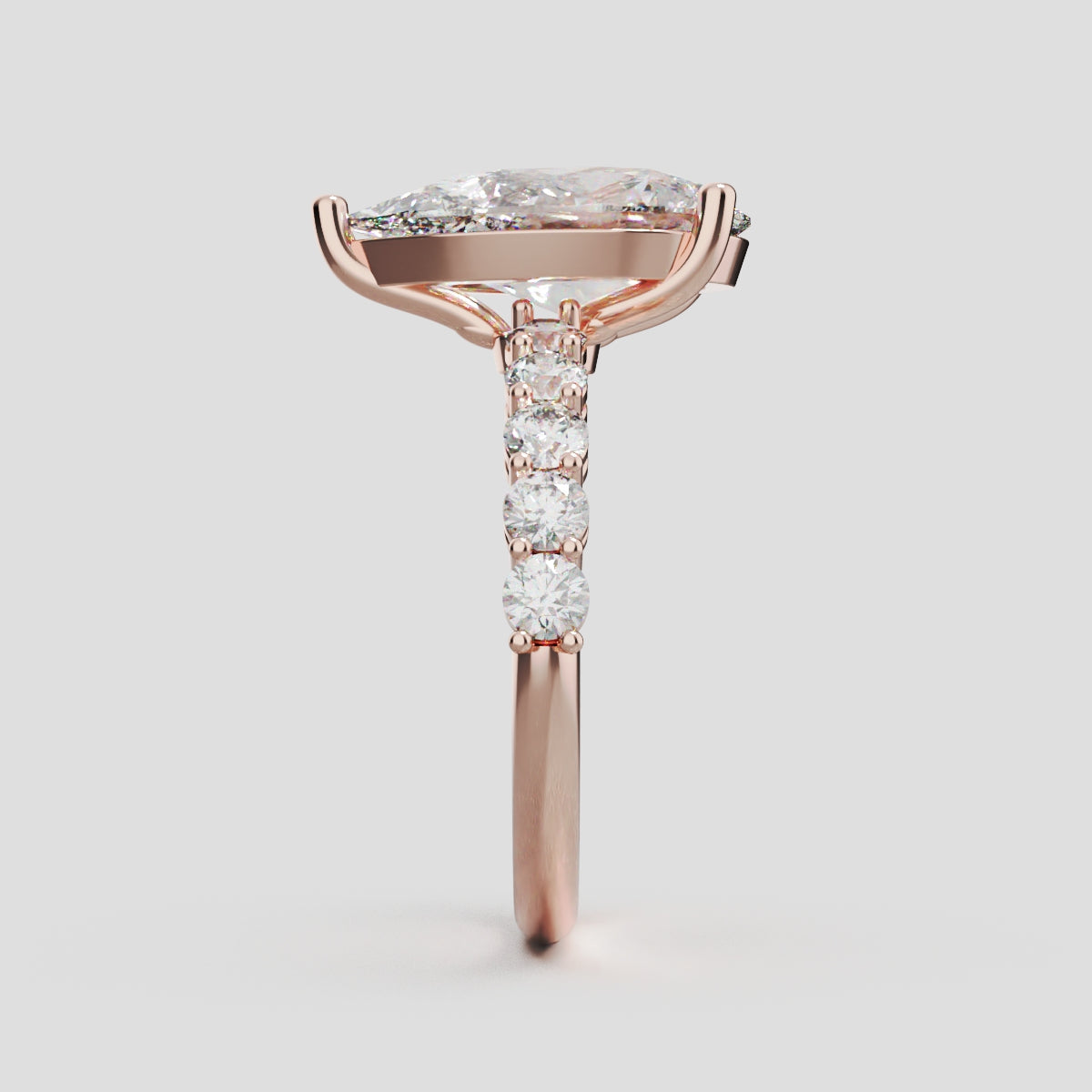 Stilla, 3ct pear lab grown diamond engagement ring, 2.5mm Side Stones, 18K rose gold - side view
