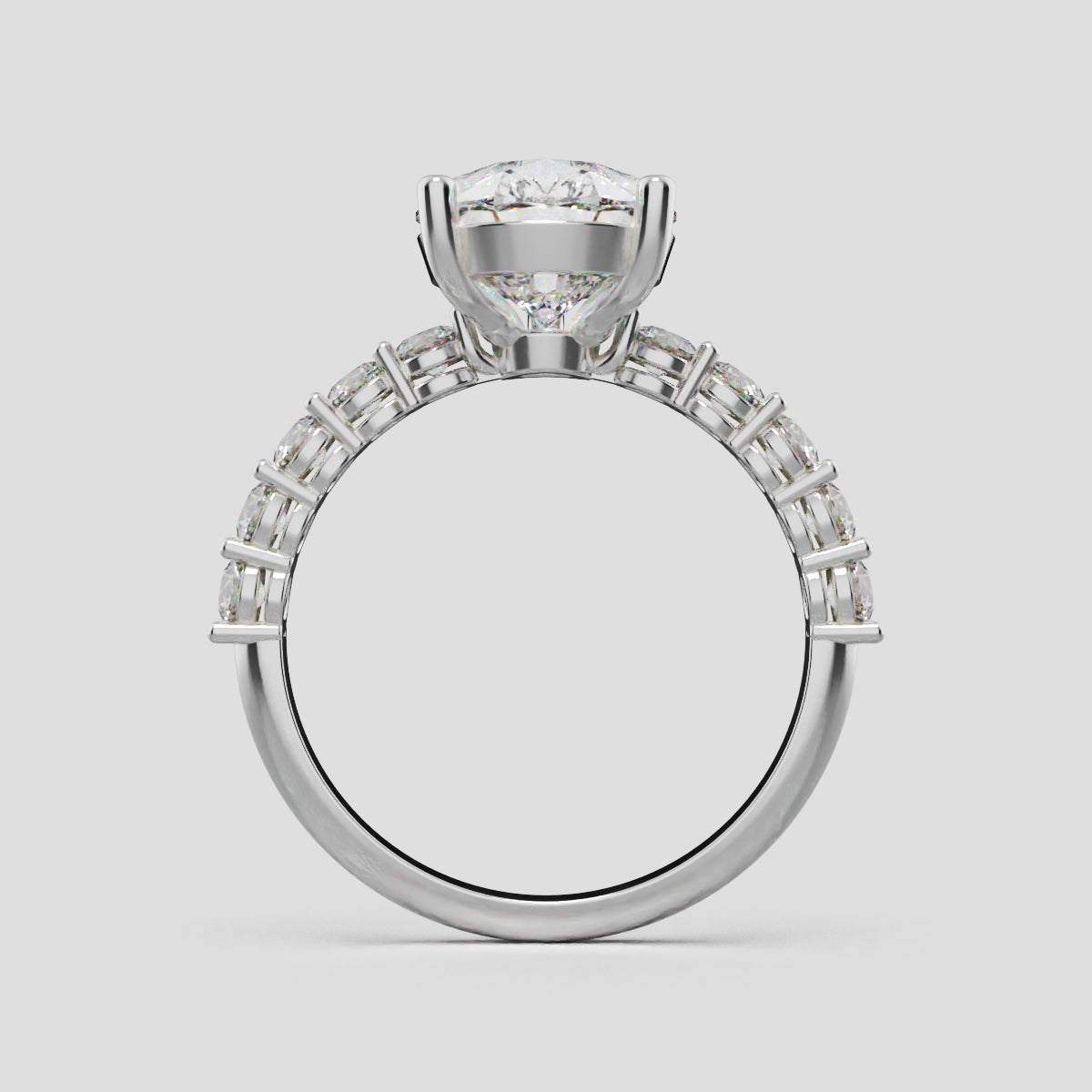 Stilla, 3ct pear lab grown diamond engagement ring, 2.5mm Side Stones, 18K white gold - through finger