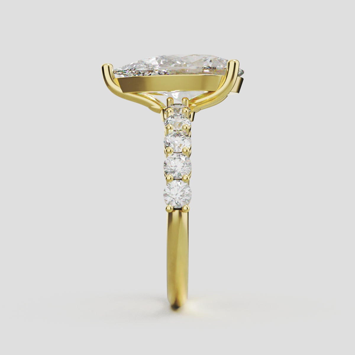 Stilla, 3ct pear lab grown diamond engagement ring, 2.5mm Side Stones, 18K yellow gold - side view