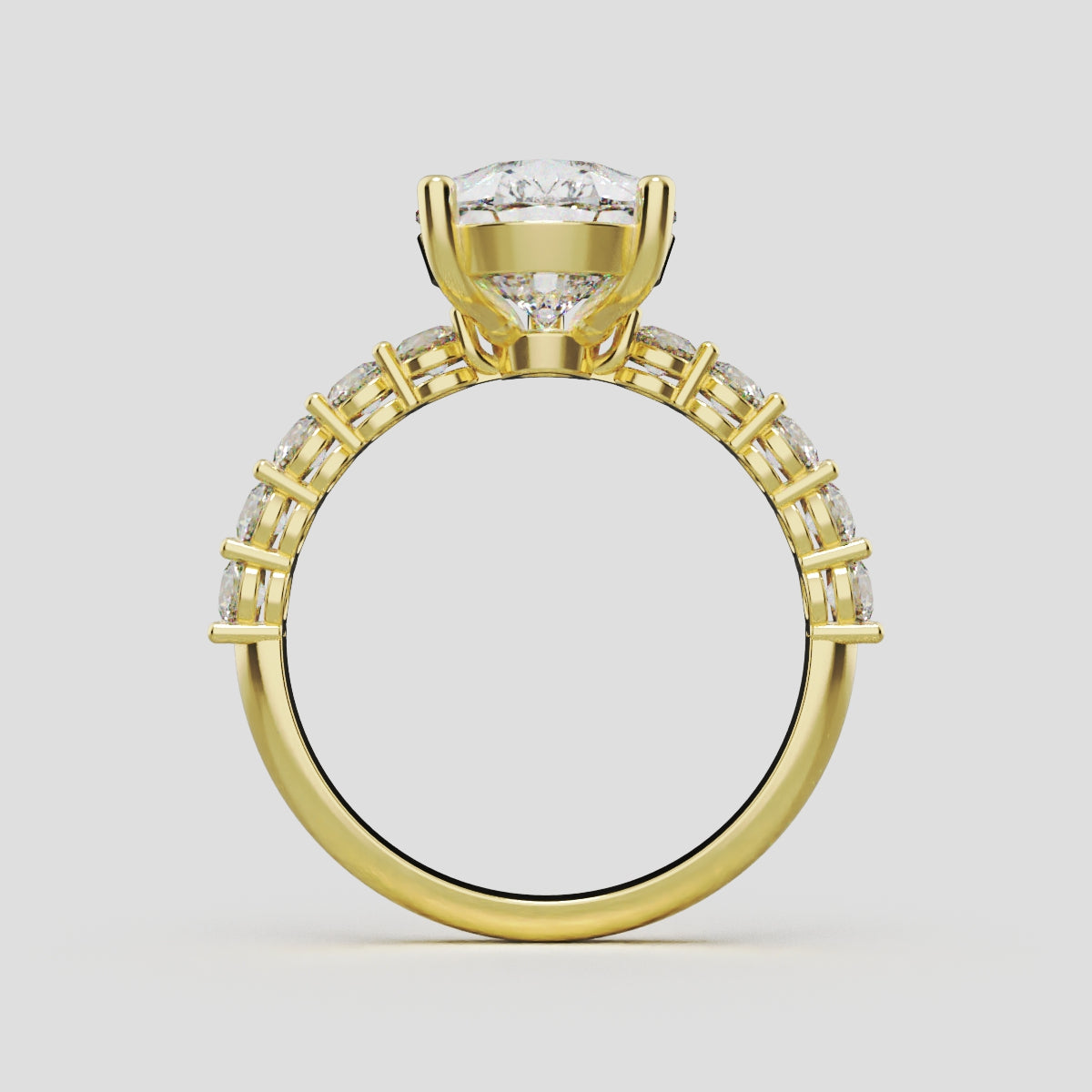 Stilla, 3ct pear lab grown diamond engagement ring, 2.5mm Side Stones, 18K yellow gold - through finger