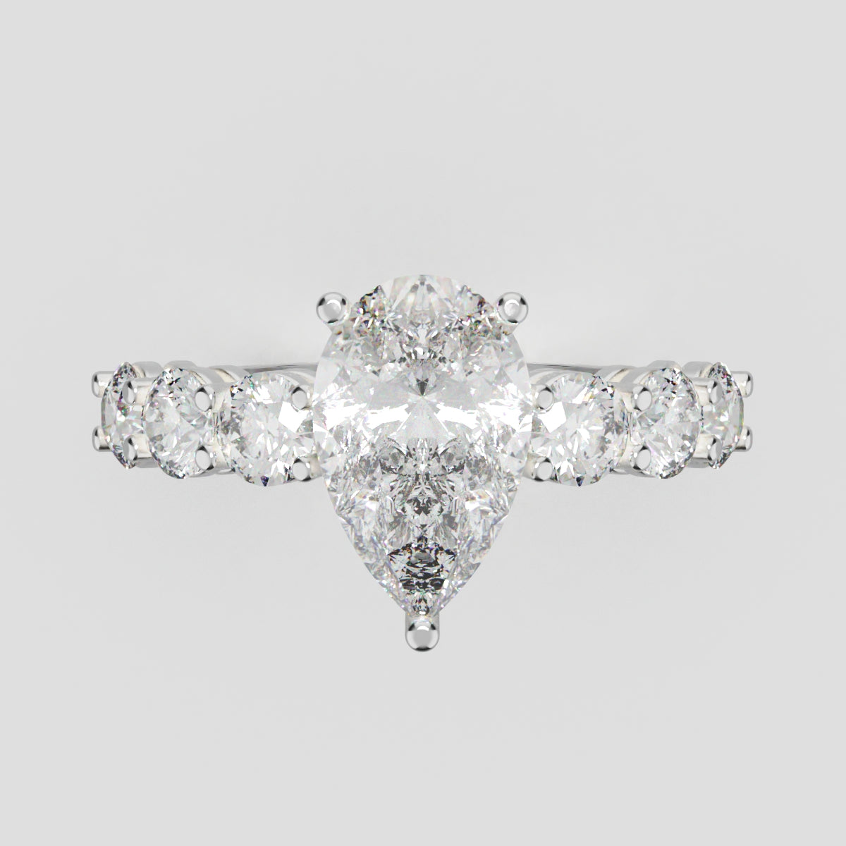 Cascata, 1.5ct pear lab grown diamond engagement ring, 3.5mm Side Stones, 18K white gold - front view