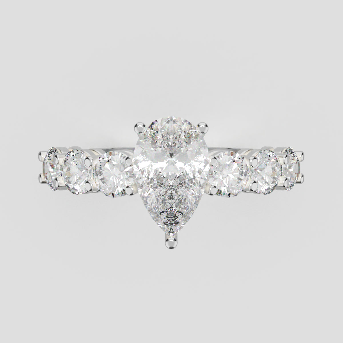 Cascata, 1ct pear lab grown diamond engagement ring, 3.5mm Side Stones, 18K white gold - front view