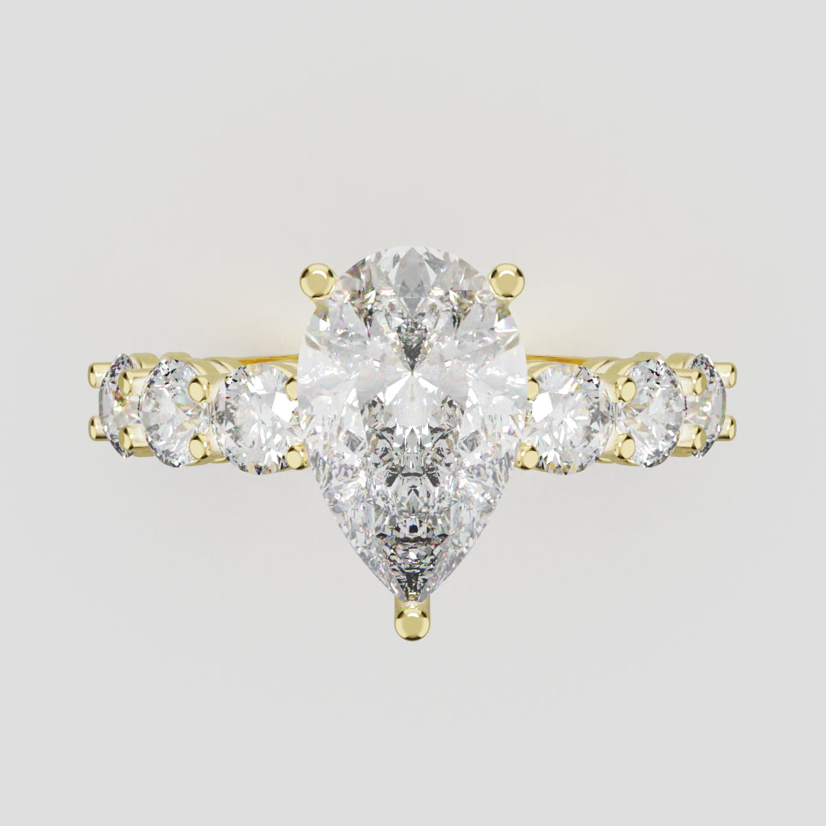 Cascata, 2ct pear lab grown diamond engagement ring, 3.5mm Side Stones, 18K yellow gold - front view