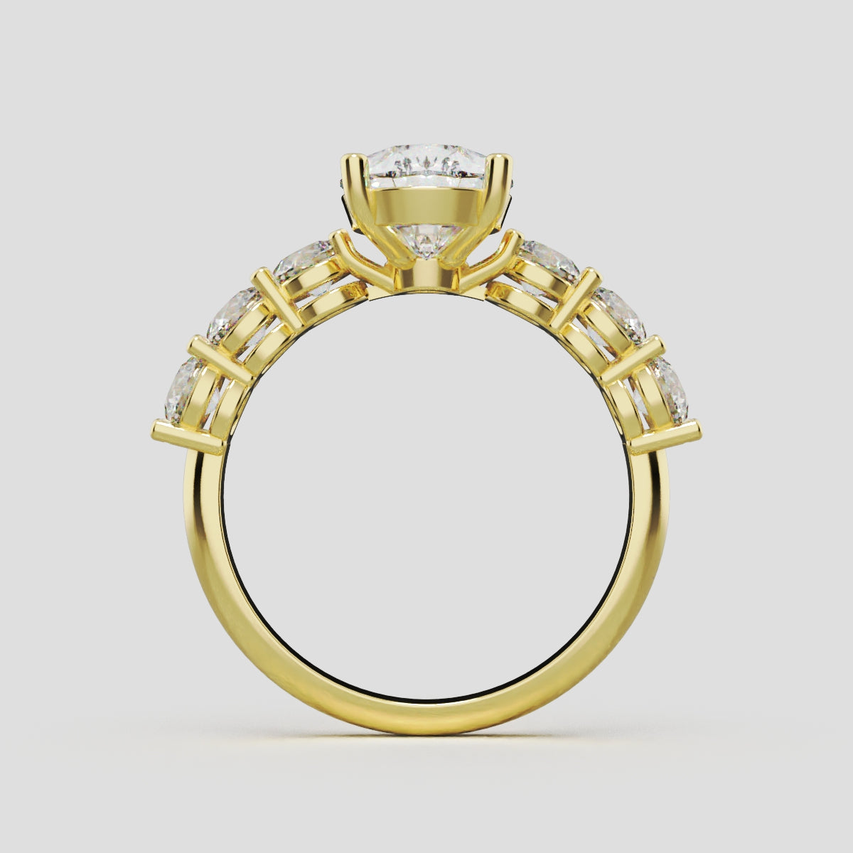 Cascata, 2ct pear lab grown diamond engagement ring, 3.5mm Side Stones, 18K yellow gold - through finger