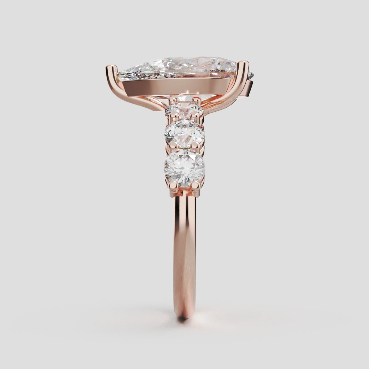 Cascata, 3ct pear lab grown diamond engagement ring, 3.5mm Side Stones, 18K rose gold - side view