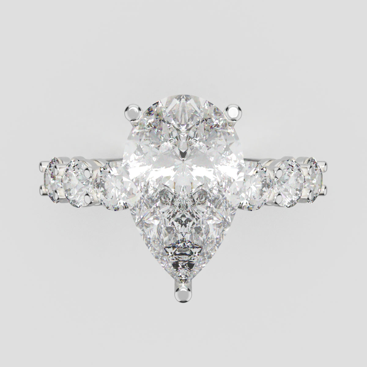 Cascata, 3ct pear lab grown diamond engagement ring, 3.5mm Side Stones, 18K white gold - front view