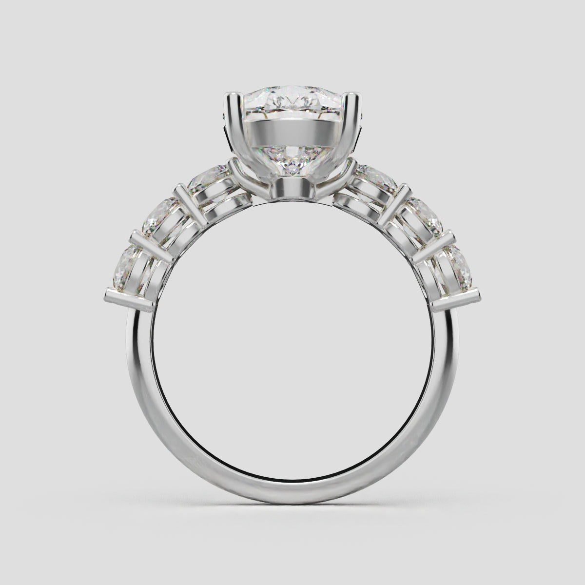 Cascata, 3ct pear lab grown diamond engagement ring, 3.5mm Side Stones, 18K white gold - through finger
