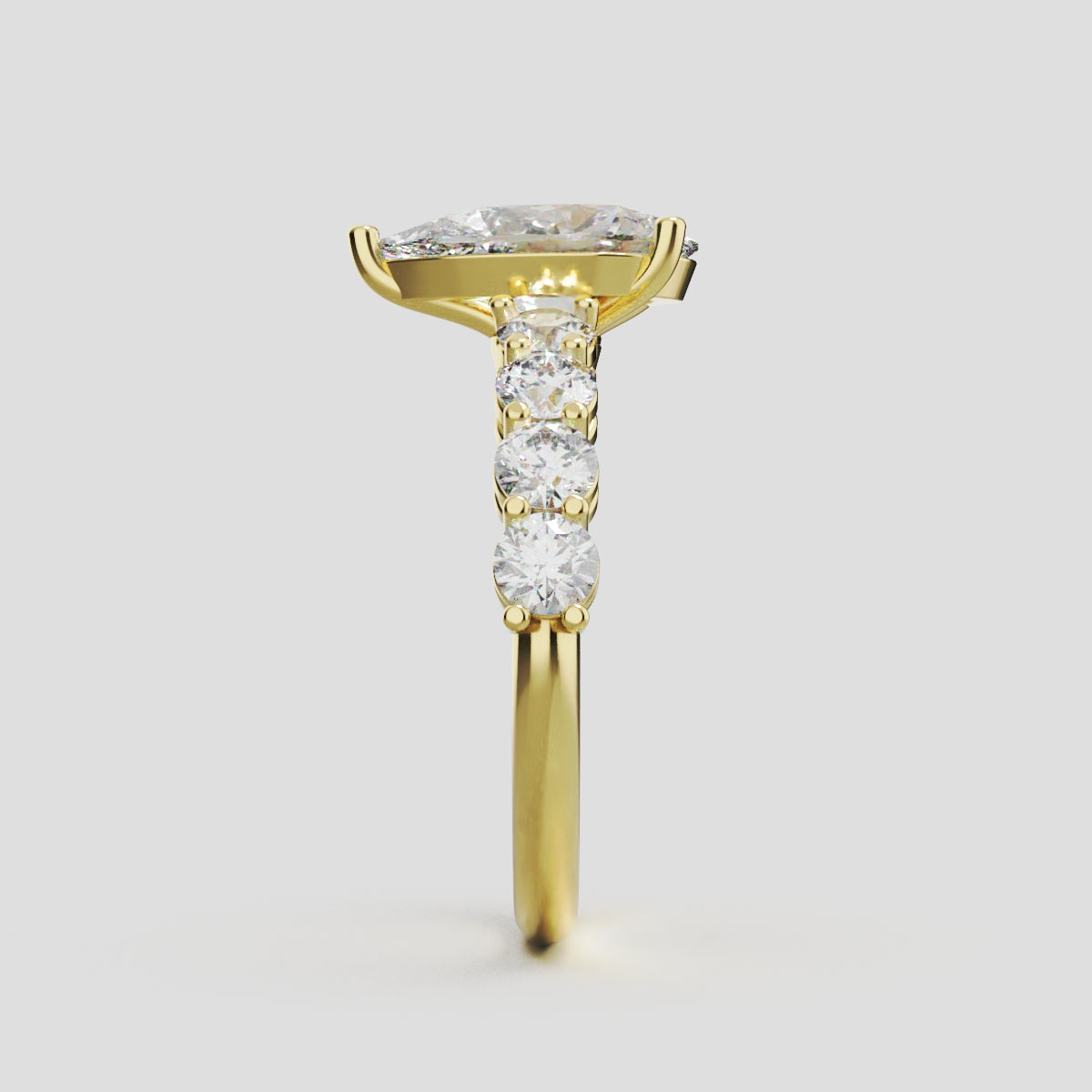 Lacrima, 1.5ct pear lab grown diamond engagement ring, 3mm Side Stones, 18K yellow gold - side view