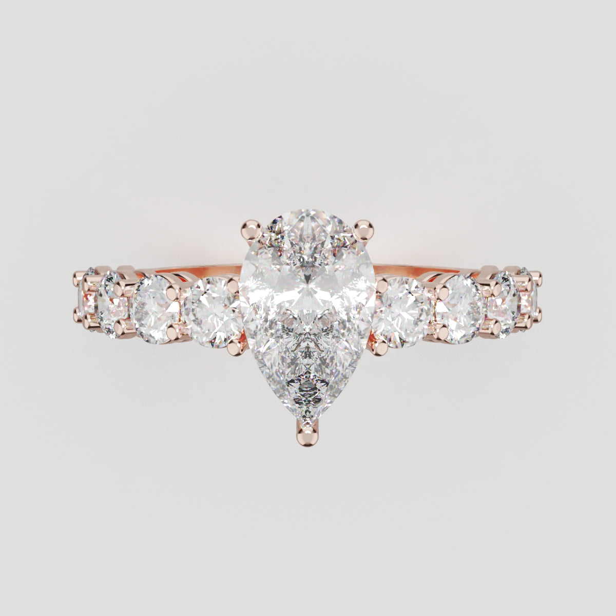Lacrima, 1ct pear lab grown diamond engagement ring, 3mm Side Stones, 18K rose gold - front view