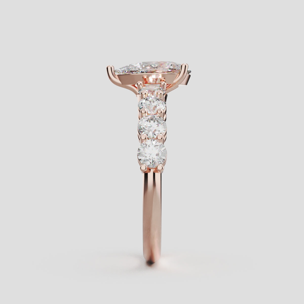 Lacrima, 1ct pear lab grown diamond engagement ring, 3mm Side Stones, 18K rose gold - side view