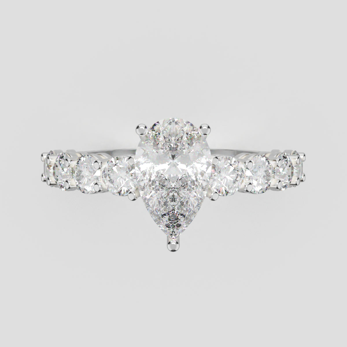 Lacrima, 1ct pear lab grown diamond engagement ring, 3mm Side Stones, 18K white gold - front view