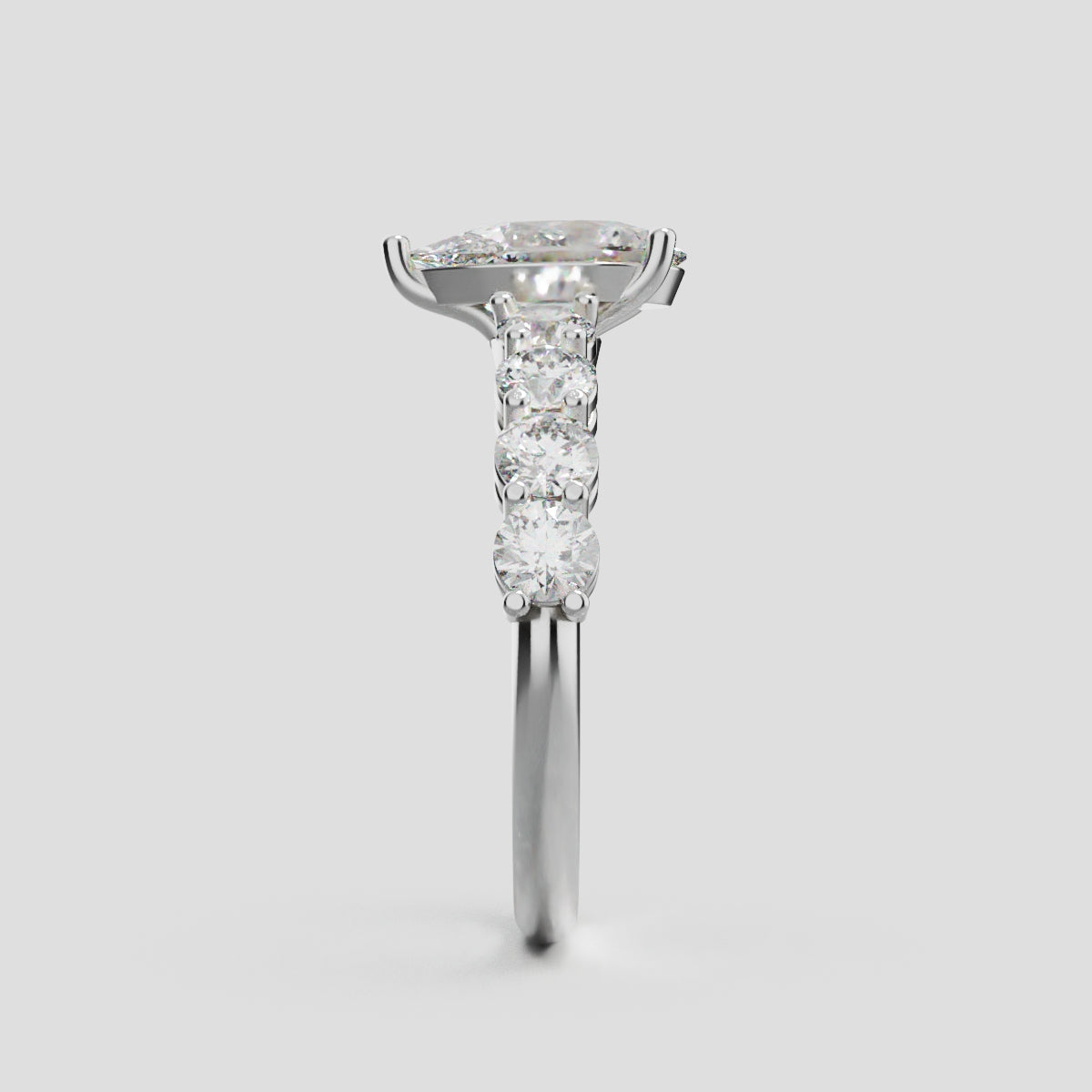 Lacrima, 1ct pear lab grown diamond engagement ring, 3mm Side Stones, 18K white gold - side view