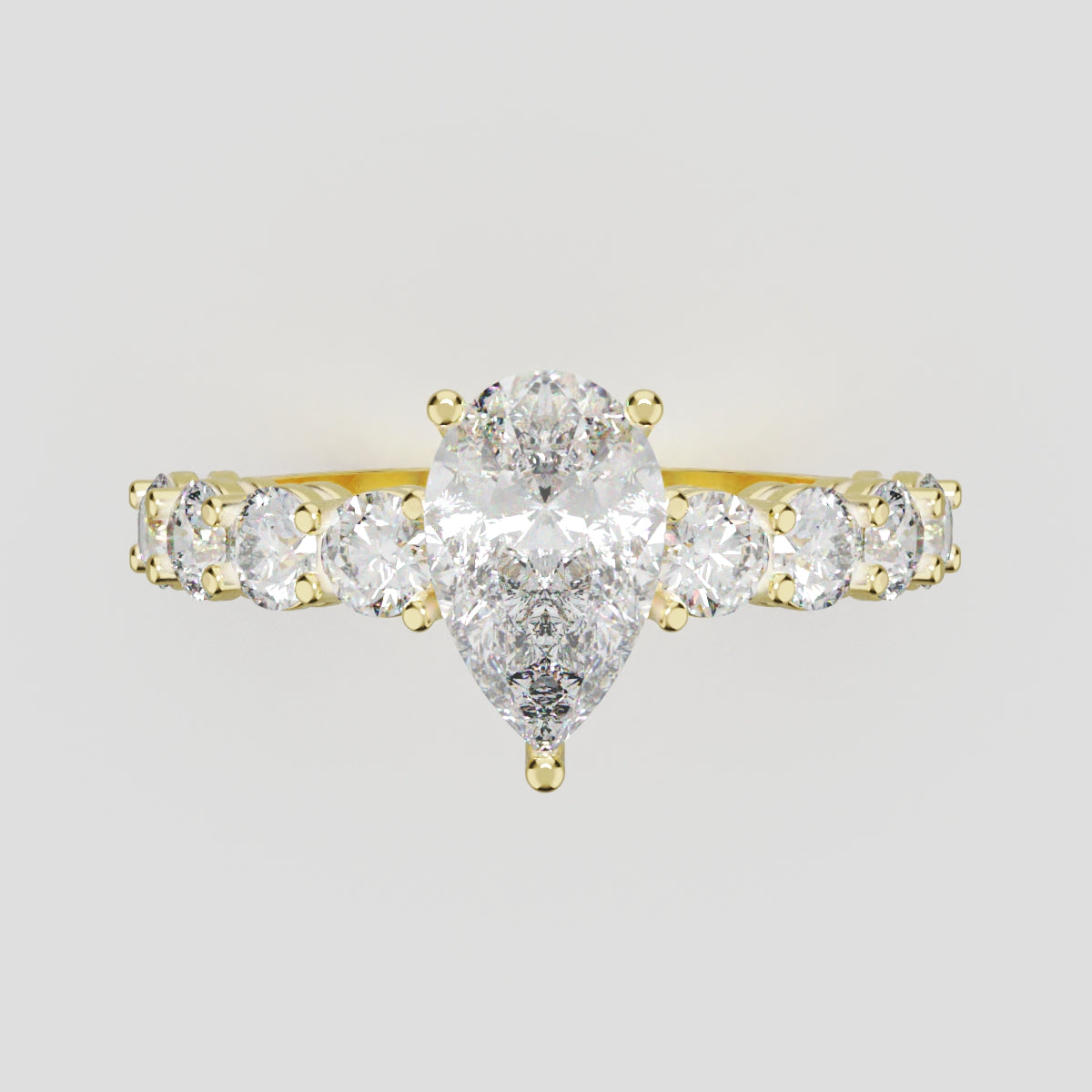 Lacrima, 1ct pear lab grown diamond engagement ring, 3mm Side Stones, 18K yellow gold - front view