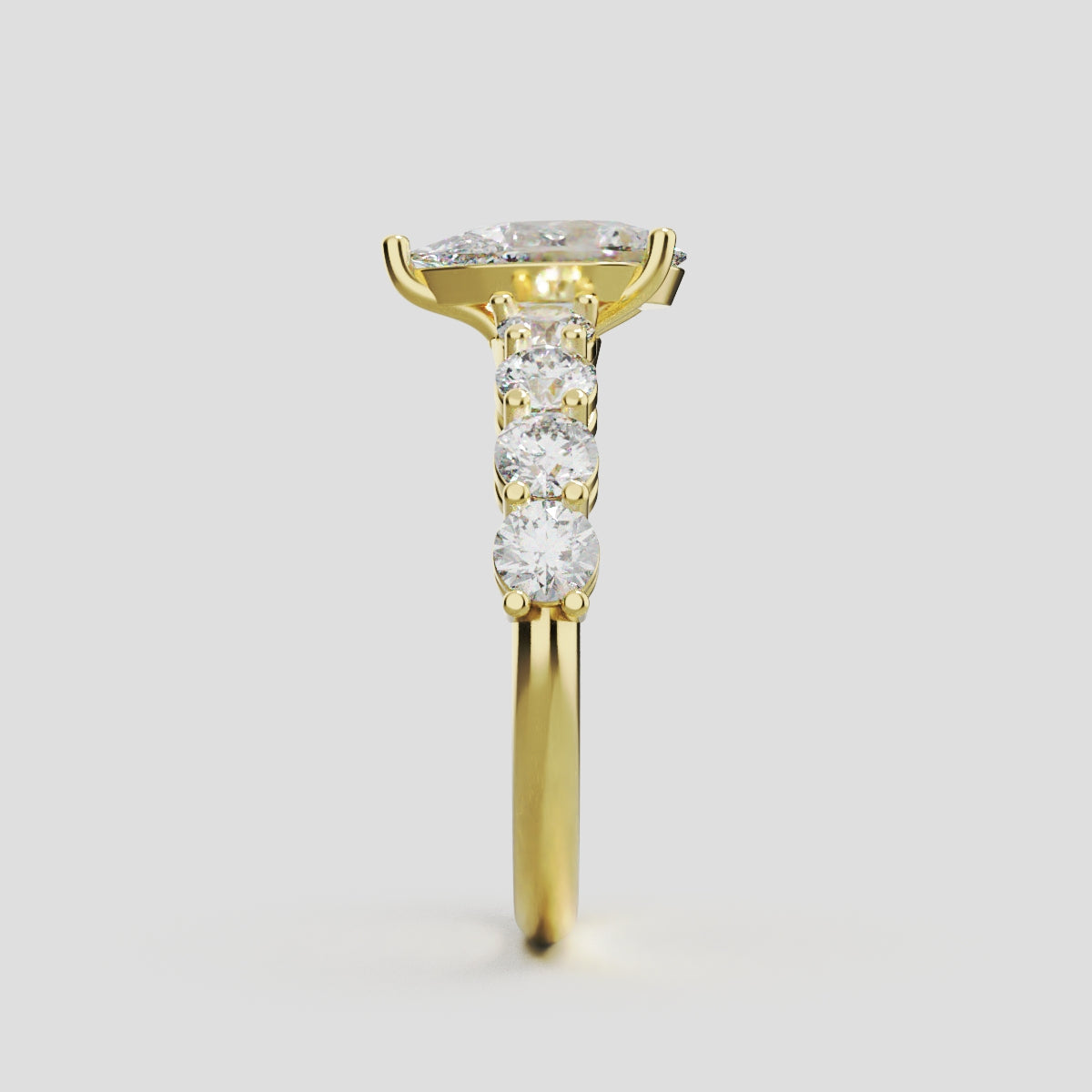 Lacrima, 1ct pear lab grown diamond engagement ring, 3mm Side Stones, 18K yellow gold - side view