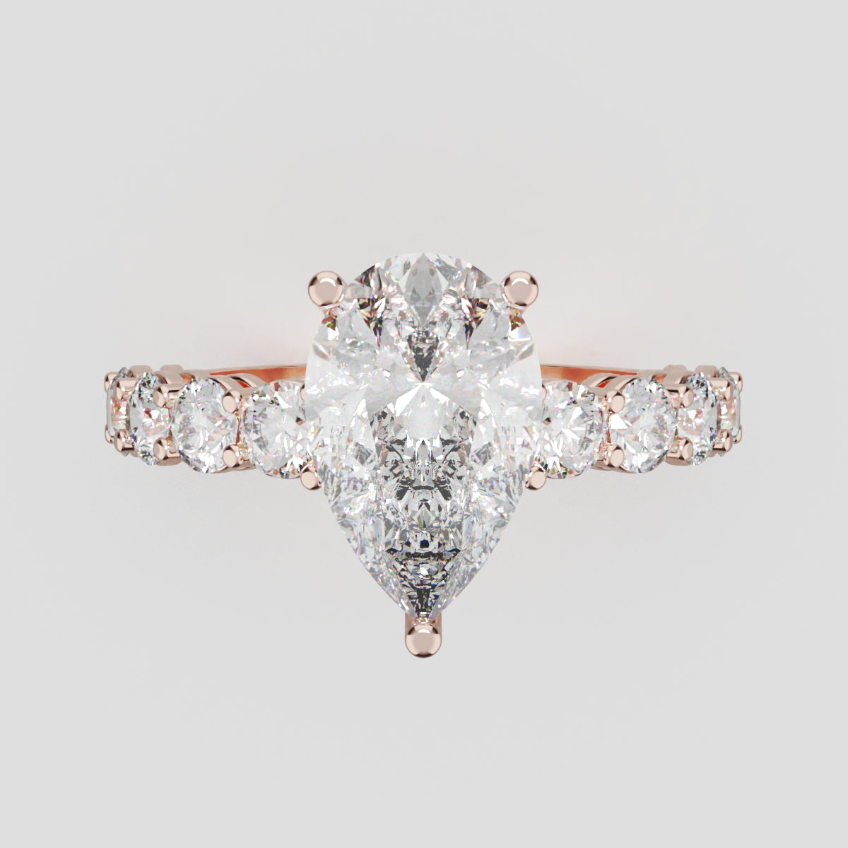 Lacrima, 2ct pear lab grown diamond engagement ring, 3mm Side Stones, 18K rose gold - front view