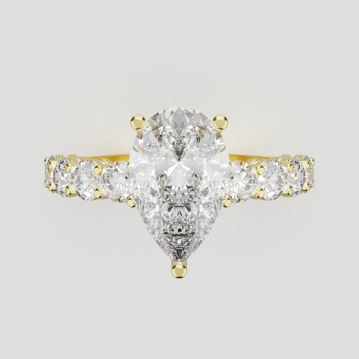 Lacrima, 2ct pear lab grown diamond engagement ring, 3mm Side Stones, 18K yellow gold - front view
