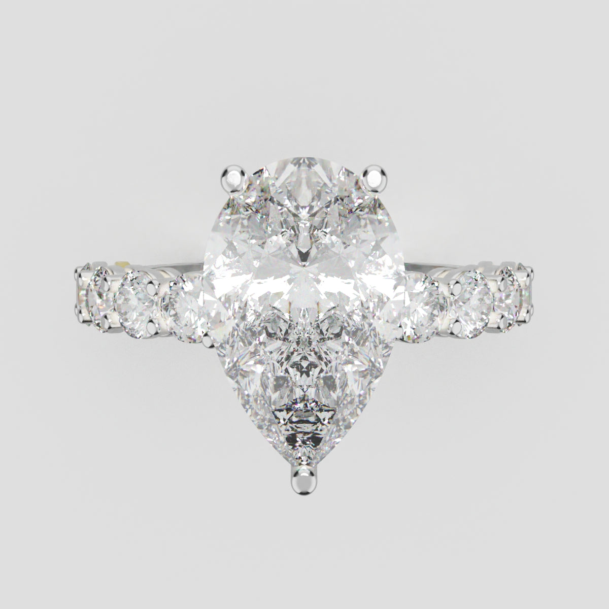 Lacrima, 3ct pear lab grown diamond engagement ring, 3mm Side Stones, 18K white gold - front view