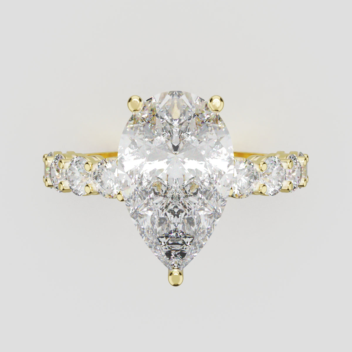 Lacrima, 3ct pear lab grown diamond engagement ring, 3mm Side Stones, 18K yellow gold - front view