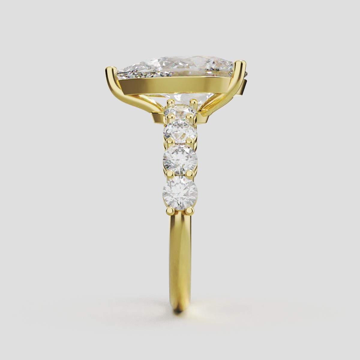 Lacrima, 3ct pear lab grown diamond engagement ring, 3mm Side Stones, 18K yellow gold - side view