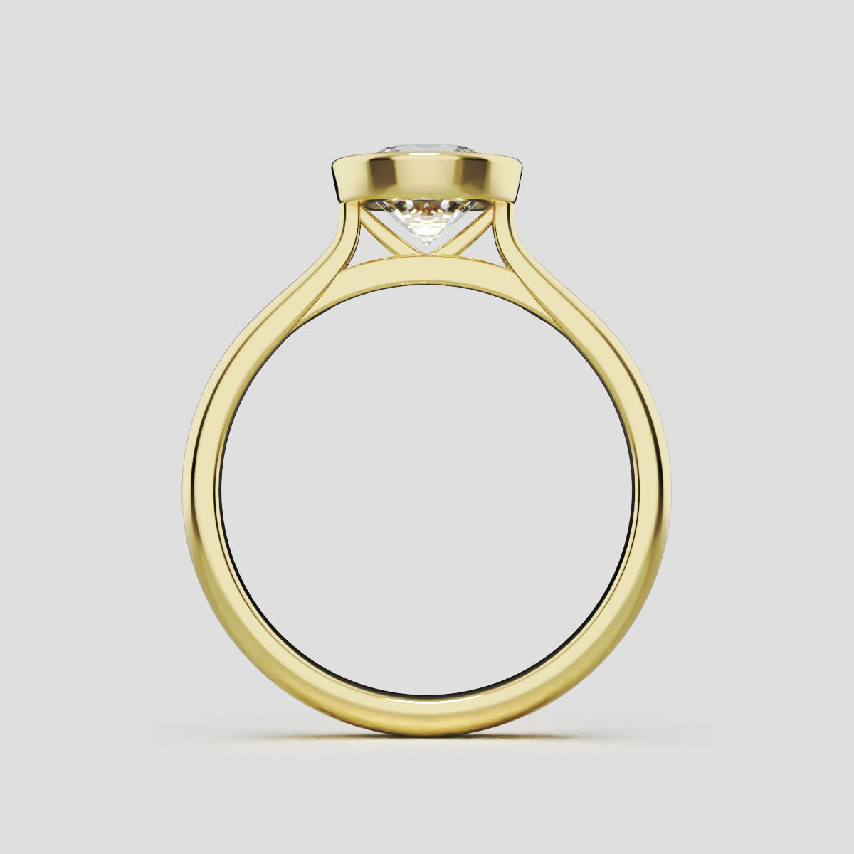 Cerchia, 1ct round lab grown diamond engagement ring, Bezel Cathedral, 18K yellow gold - through finger