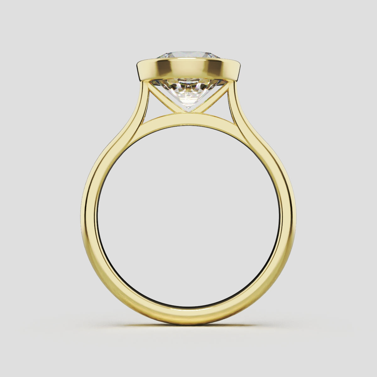 Cerchia, 2ct round lab grown diamond engagement ring, Bezel Cathedral, 18K yellow gold - through finger
