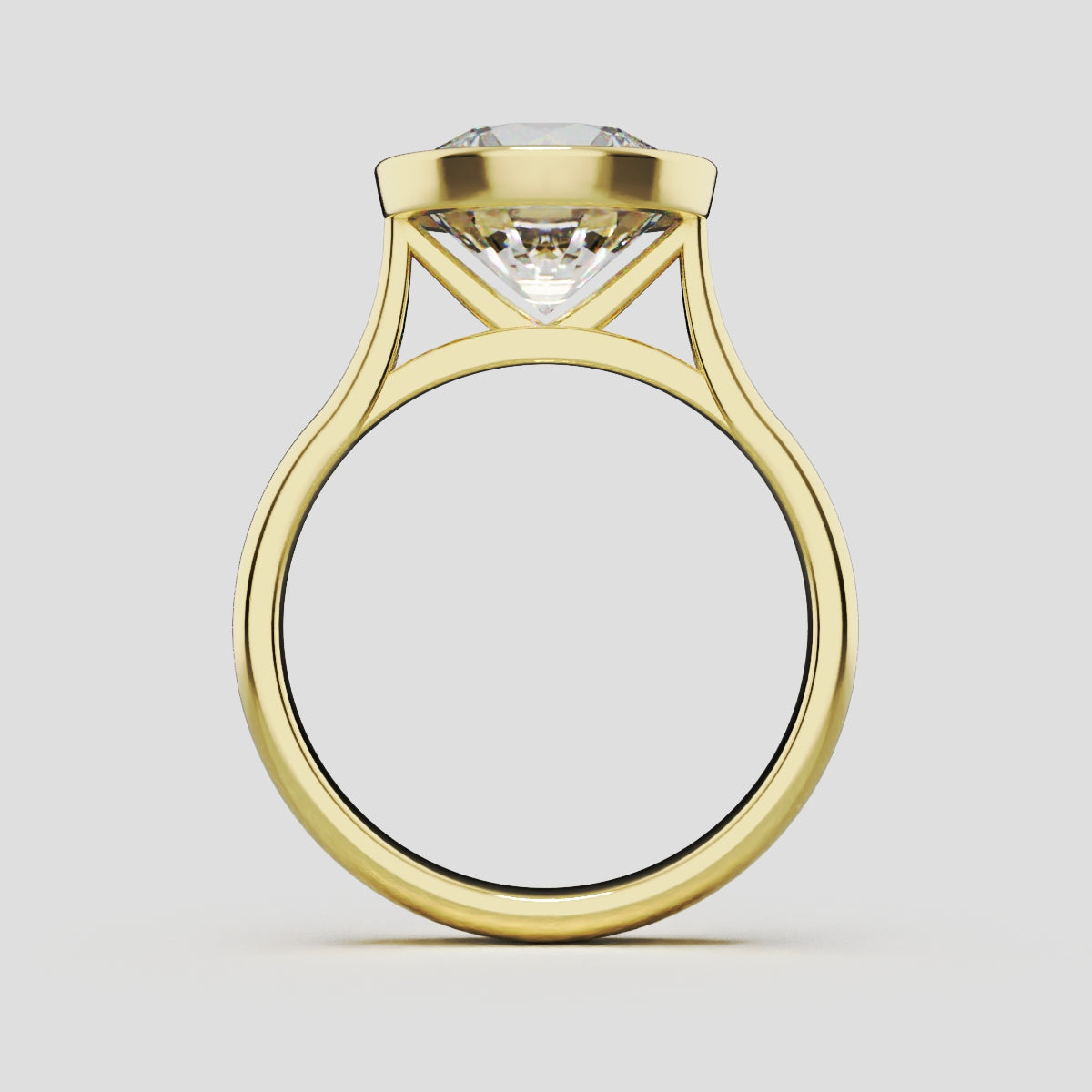 Cerchia, 3ct round lab grown diamond engagement ring, Bezel Cathedral, 18K yellow gold - through finger