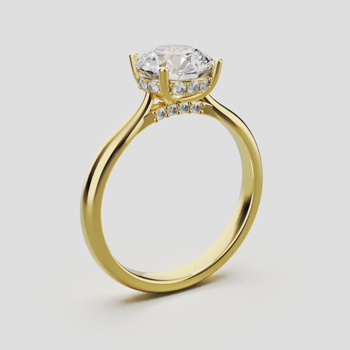 Arcata, 1.5ct round lab grown diamond engagement ring, Cathedral Hidden Halo Bridge, 18K yellow gold - ne