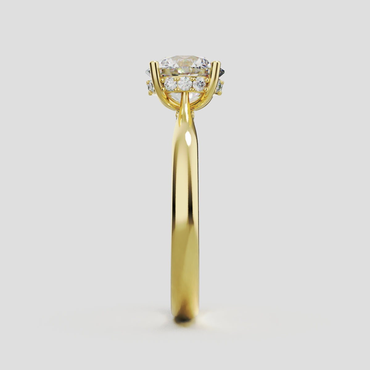 Arcata, 1.5ct round lab grown diamond engagement ring, Cathedral Hidden Halo Bridge, 18K yellow gold - side view