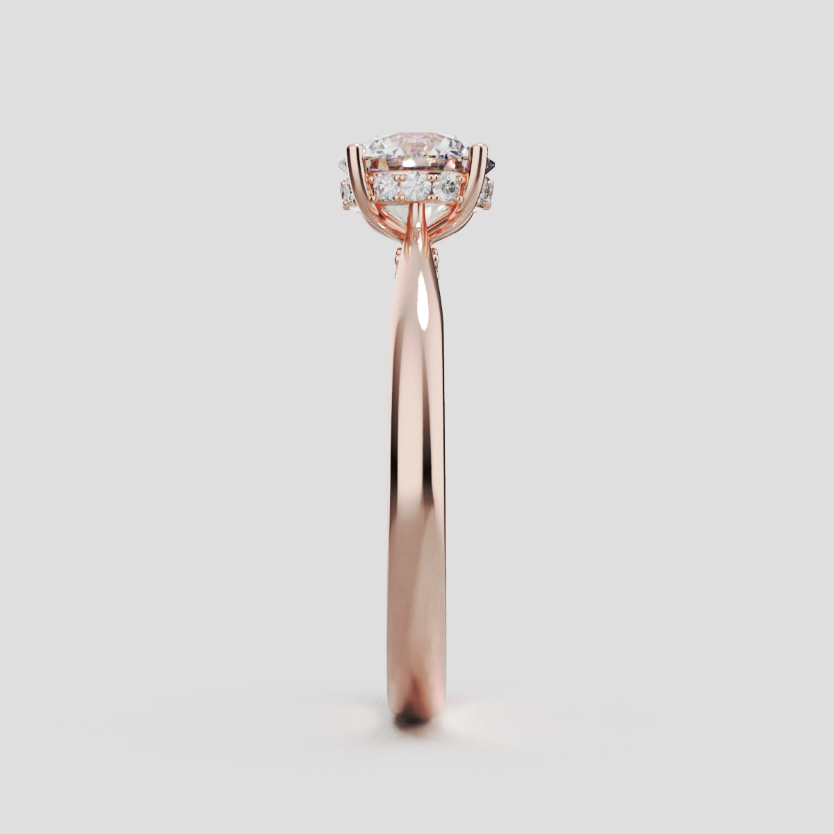 Arcata, 1ct round lab grown diamond engagement ring, Cathedral Hidden Halo Bridge, 18K rose gold - side view