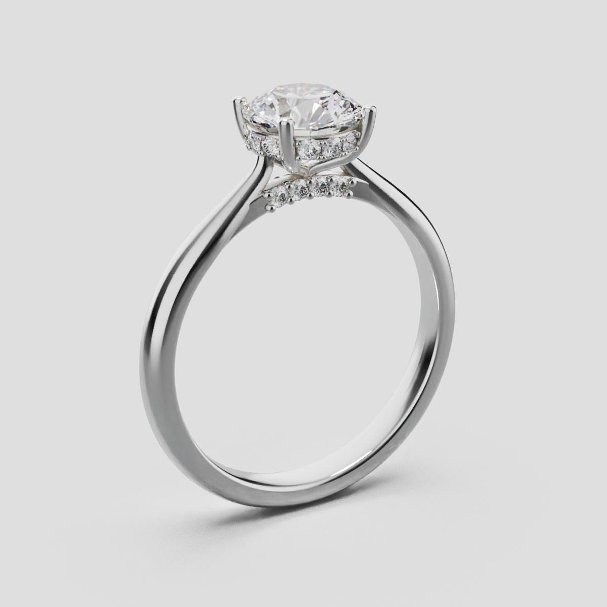 Arcata, 1ct round lab grown diamond engagement ring, Cathedral Hidden Halo Bridge, 18K white gold - ne