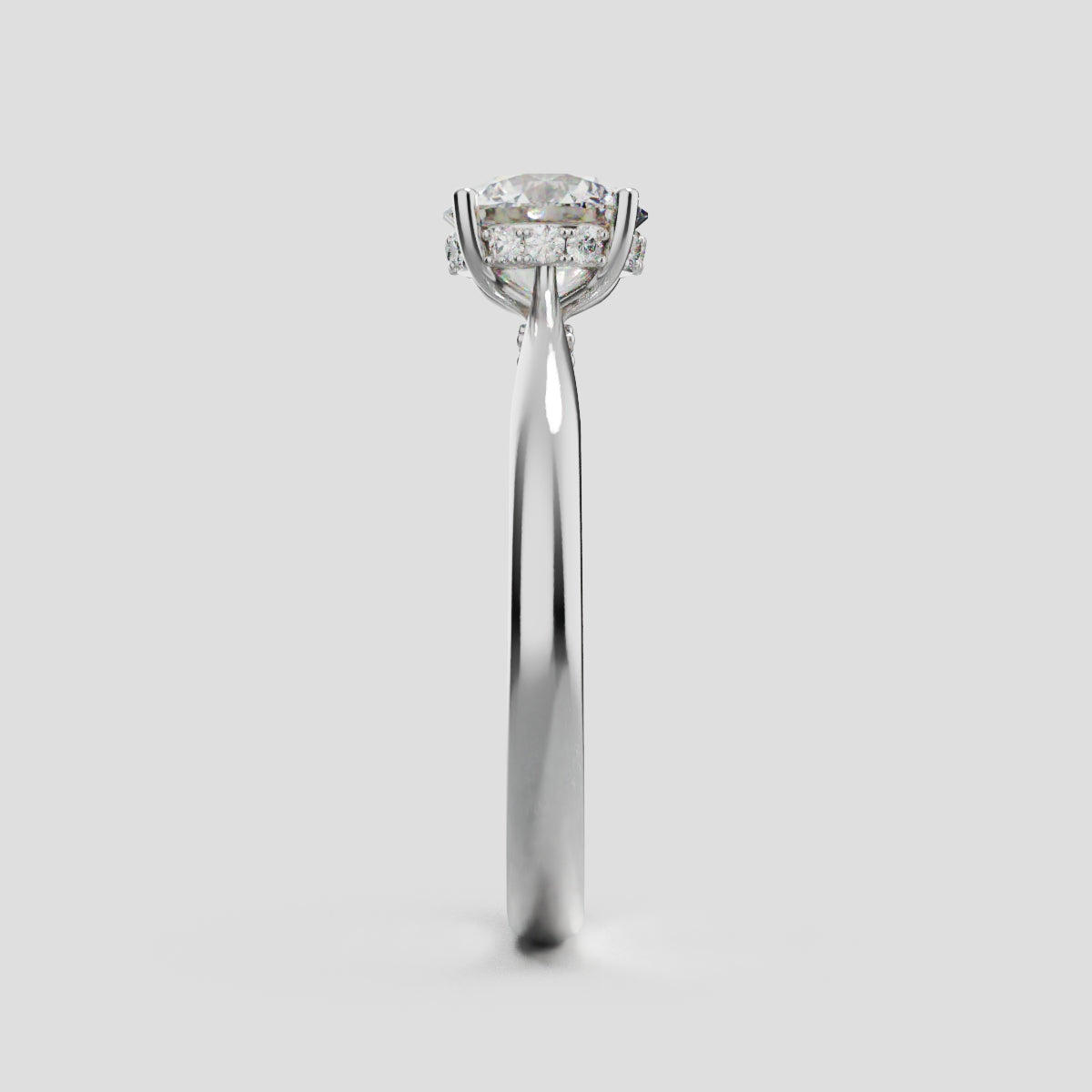 Arcata, 1ct round lab grown diamond engagement ring, Cathedral Hidden Halo Bridge, 18K white gold - side view