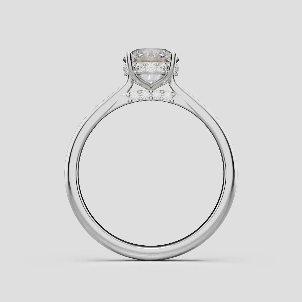 Arcata, 1ct round lab grown diamond engagement ring, Cathedral Hidden Halo Bridge, 18K white gold - through finger