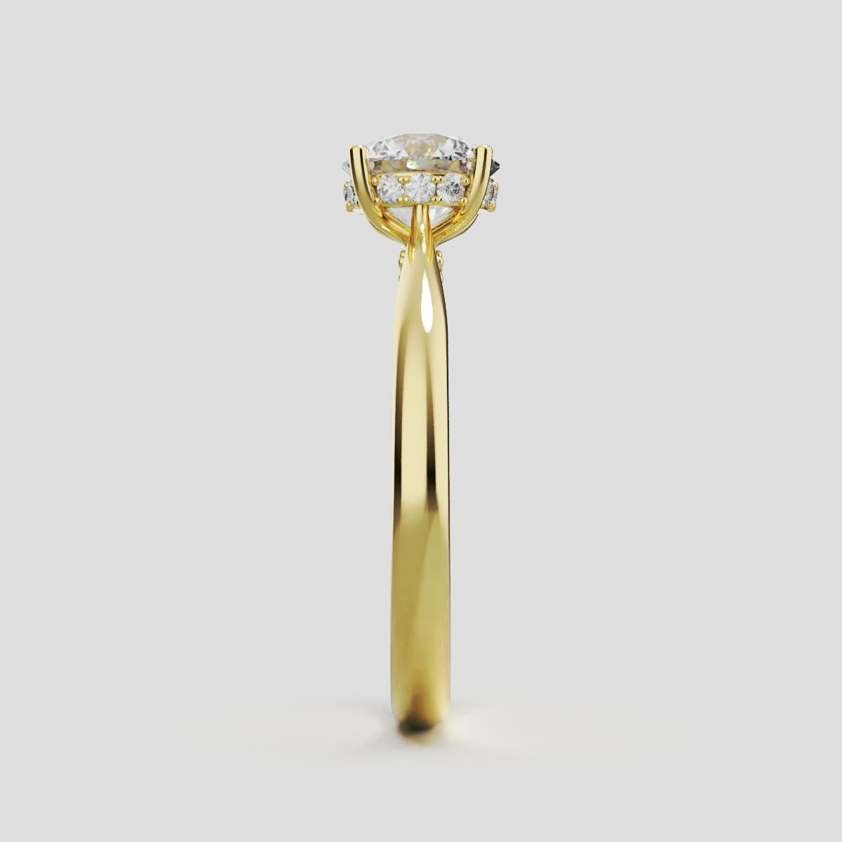 Arcata, 1ct round lab grown diamond engagement ring, Cathedral Hidden Halo Bridge, 18K yellow gold - side view