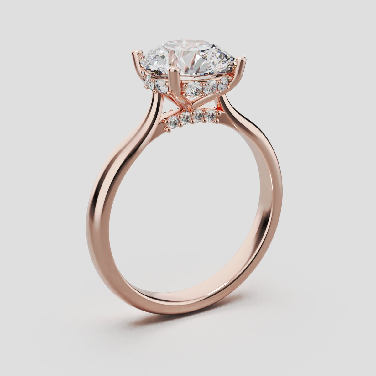 Arcata, 2ct round lab grown diamond engagement ring, Cathedral Hidden Halo Bridge, 18K rose gold - ne