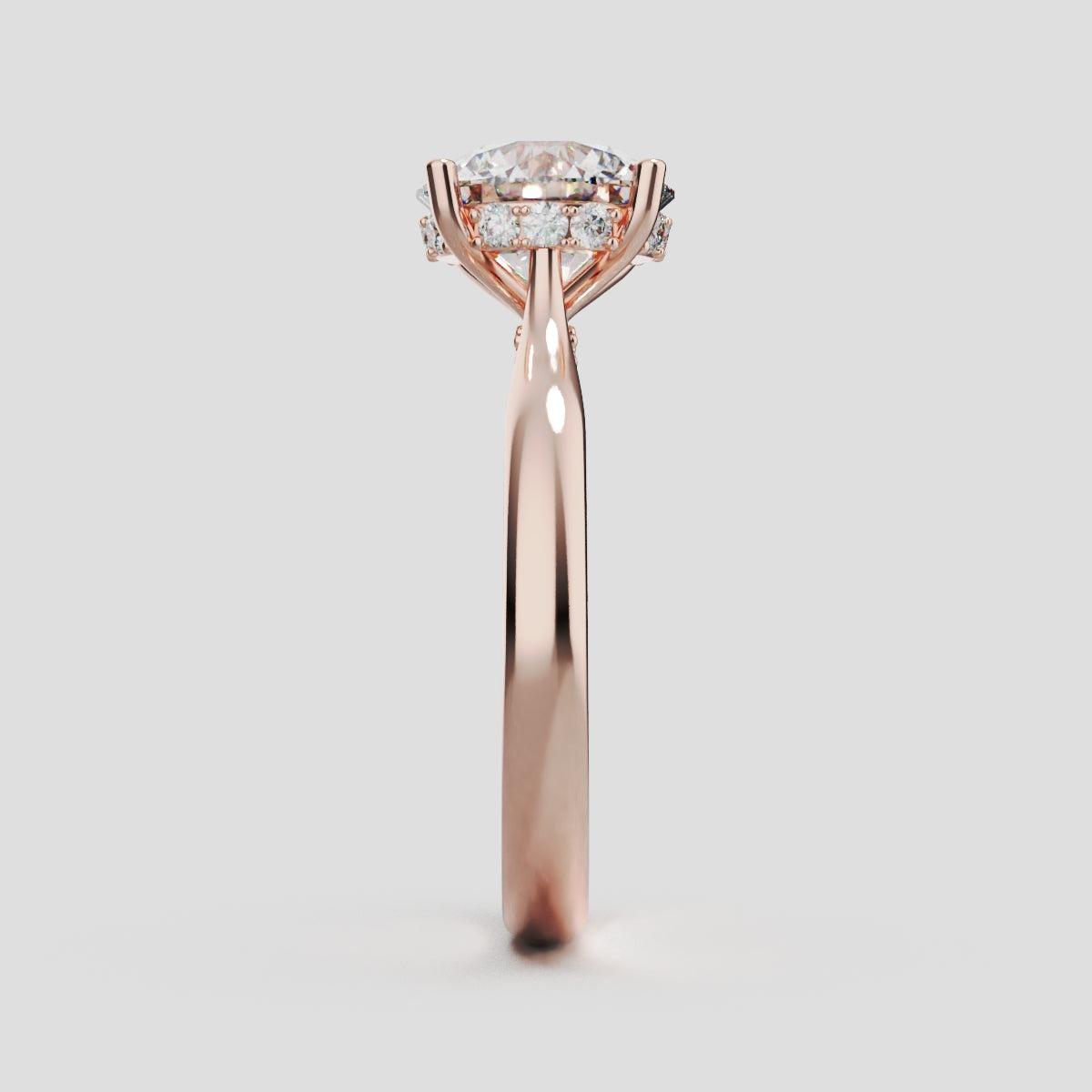 Arcata, 2ct round lab grown diamond engagement ring, Cathedral Hidden Halo Bridge, 18K rose gold - side view
