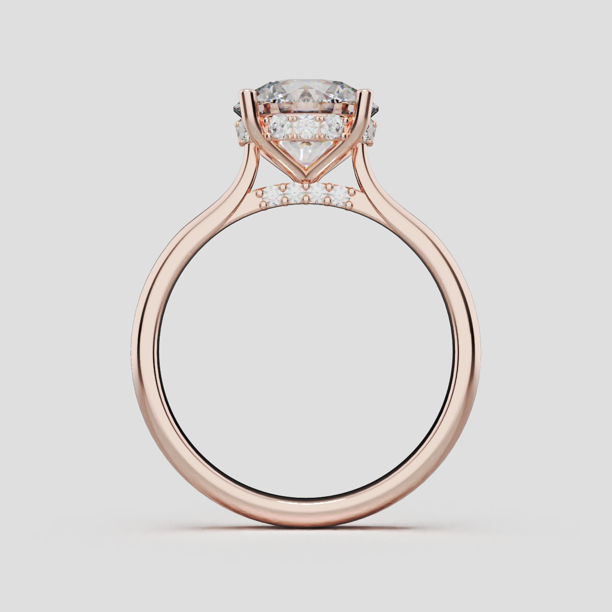 Arcata, 2ct round lab grown diamond engagement ring, Cathedral Hidden Halo Bridge, 18K rose gold - through finger