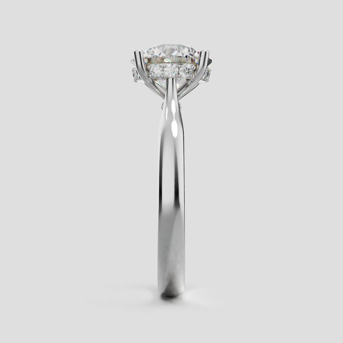 Arcata, 2ct round lab grown diamond engagement ring, Cathedral Hidden Halo Bridge, 18K white gold - side view
