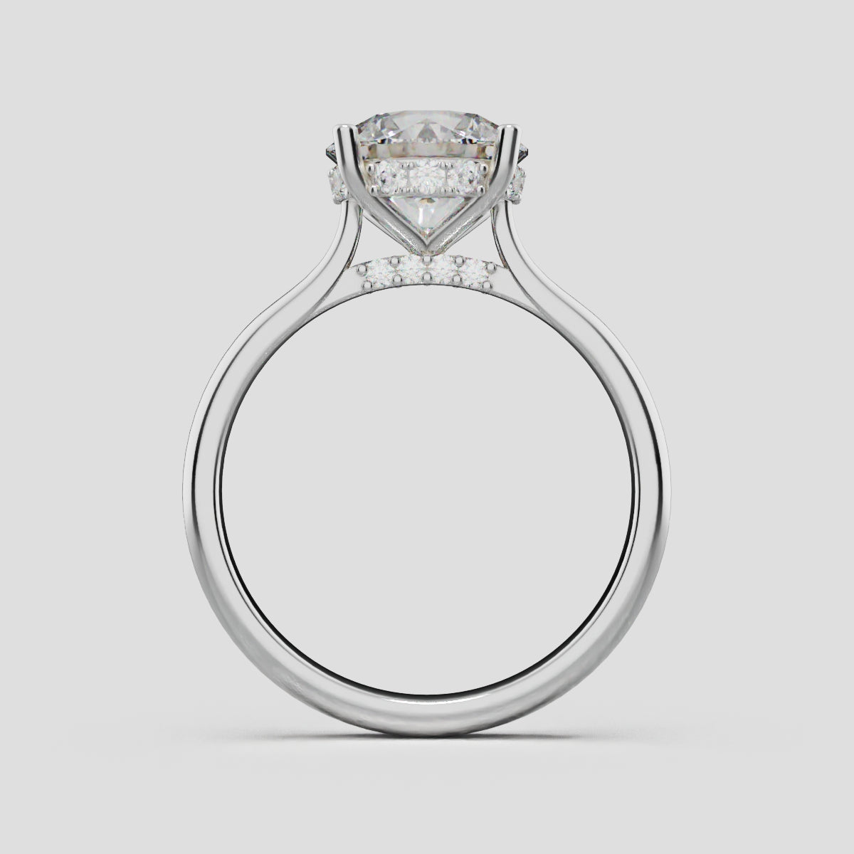 Arcata, 2ct round lab grown diamond engagement ring, Cathedral Hidden Halo Bridge, 18K white gold - through finger