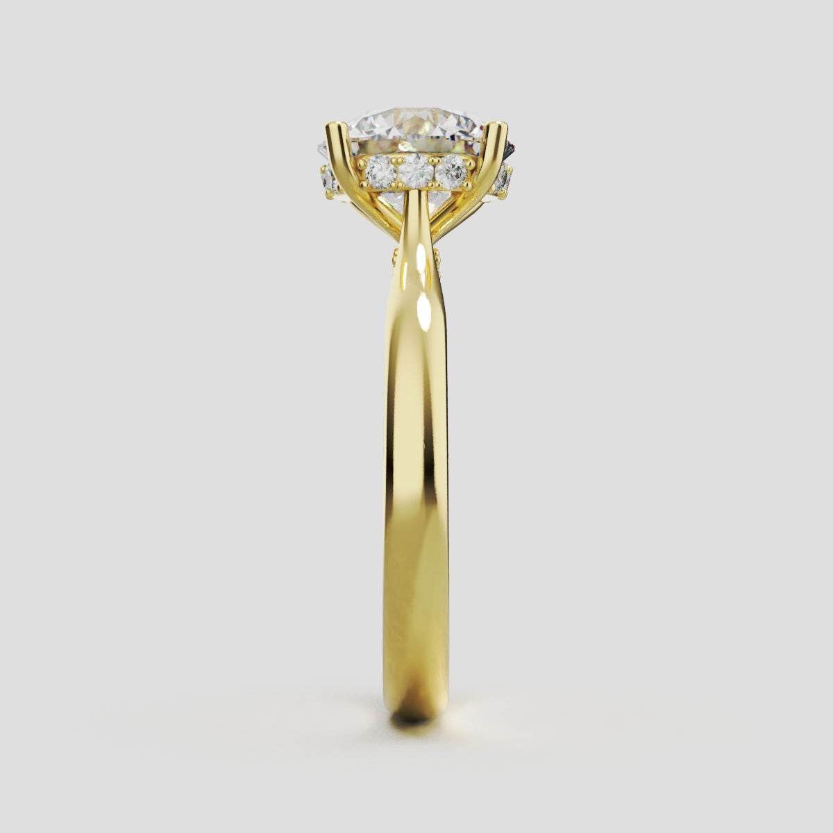 Arcata, 2ct round lab grown diamond engagement ring, Cathedral Hidden Halo Bridge, 18K yellow gold - side view