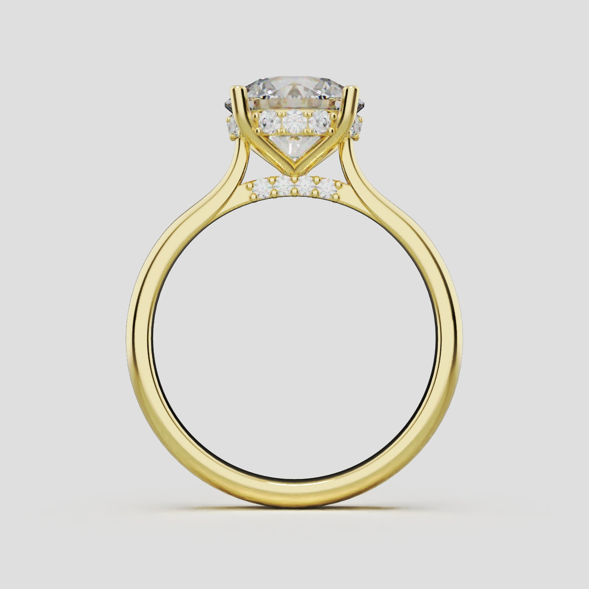 Arcata, 2ct round lab grown diamond engagement ring, Cathedral Hidden Halo Bridge, 18K yellow gold - through finger