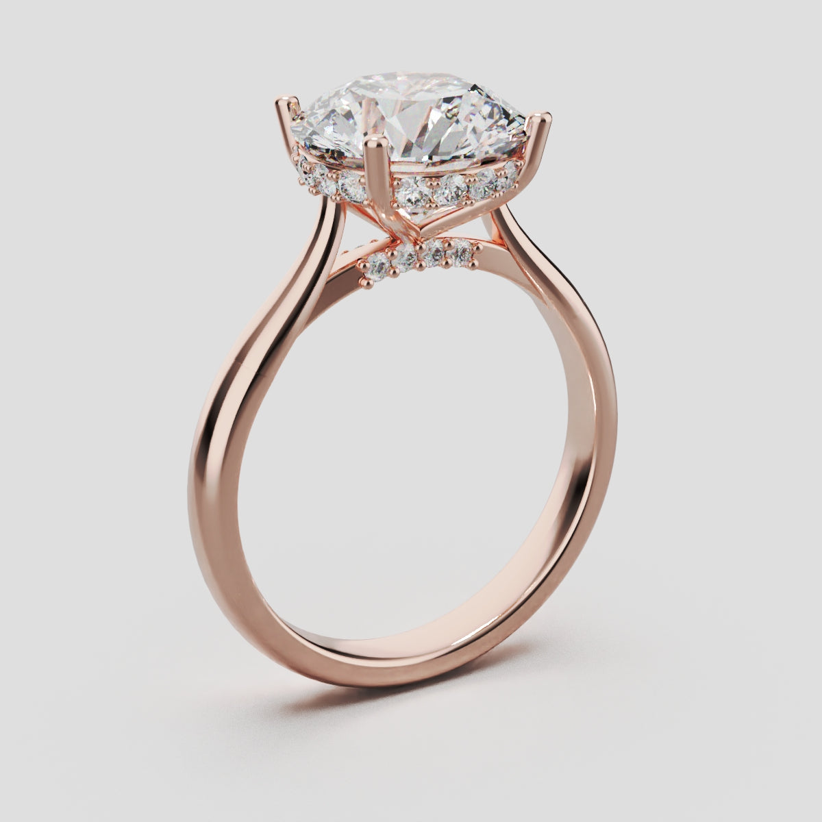 Arcata, 3ct round lab grown diamond engagement ring, Cathedral Hidden Halo Bridge, 18K rose gold - ne