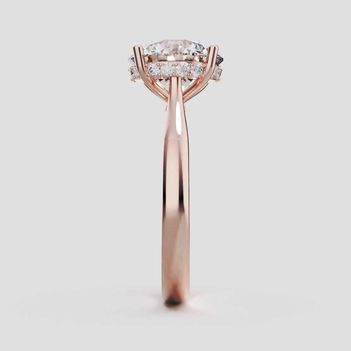 Arcata, 3ct round lab grown diamond engagement ring, Cathedral Hidden Halo Bridge, 18K rose gold - side view