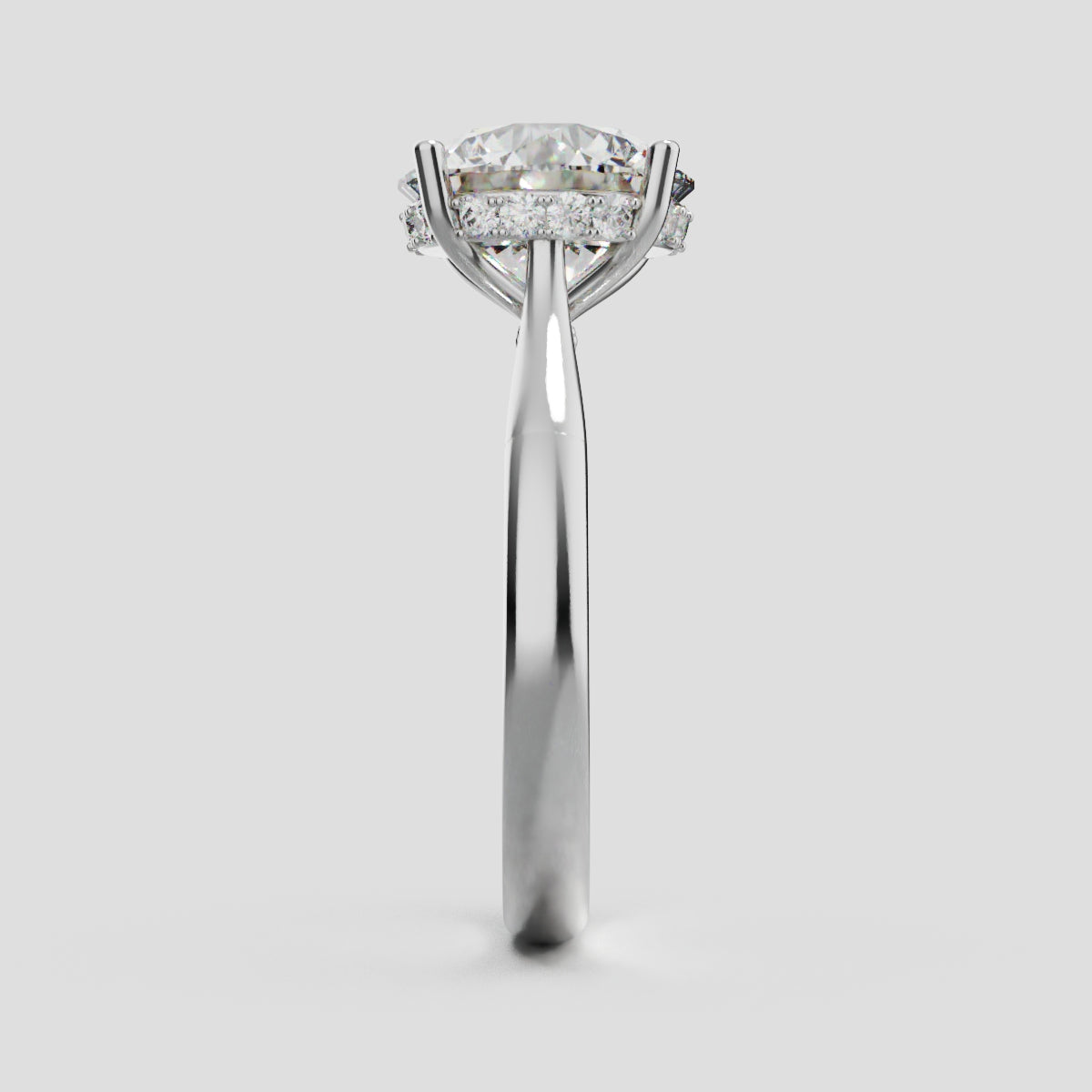 Arcata, 3ct round lab grown diamond engagement ring, Cathedral Hidden Halo Bridge, 18K white gold - side view