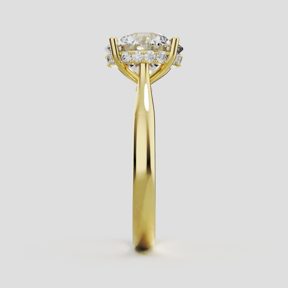 Arcata, 3ct round lab grown diamond engagement ring, Cathedral Hidden Halo Bridge, 18K yellow gold - side view