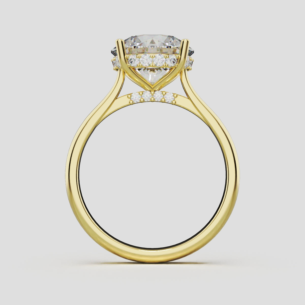 Arcata, 3ct round lab grown diamond engagement ring, Cathedral Hidden Halo Bridge, 18K yellow gold - through finger