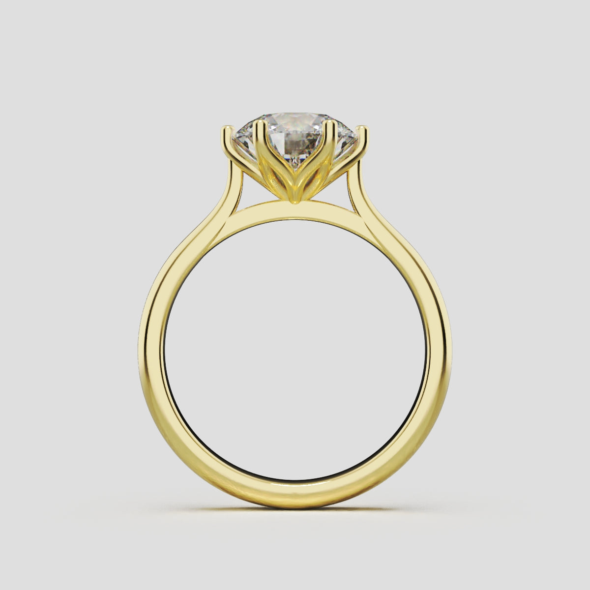 Corolla, 1.5ct round lab grown diamond engagement ring, Petal Cathedral, 18K yellow gold - through finger