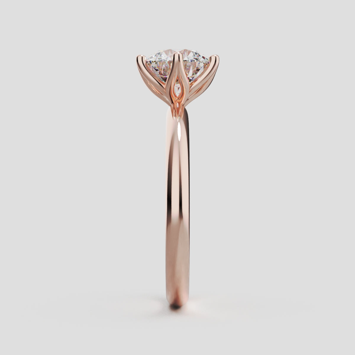 Germoglio, 1.5ct round lab grown diamond engagement ring, Hidden Petal Set, Fixed Width, 18K rose gold - side view